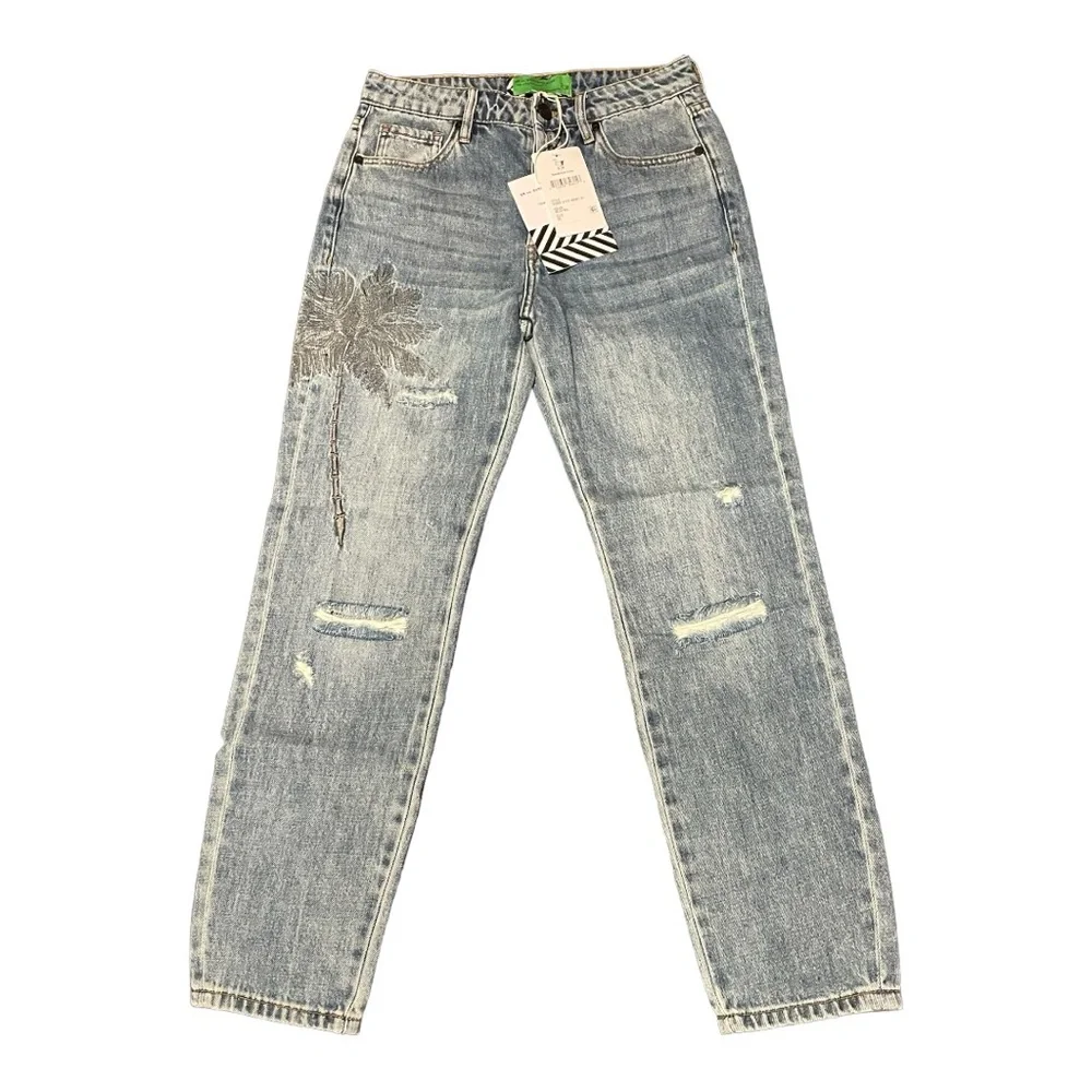 🆕 FREE PEOPLE Sandrine Rose Embroidered Palm Tree🌴 Skinny Jeans🌴 - 5 Button Fly